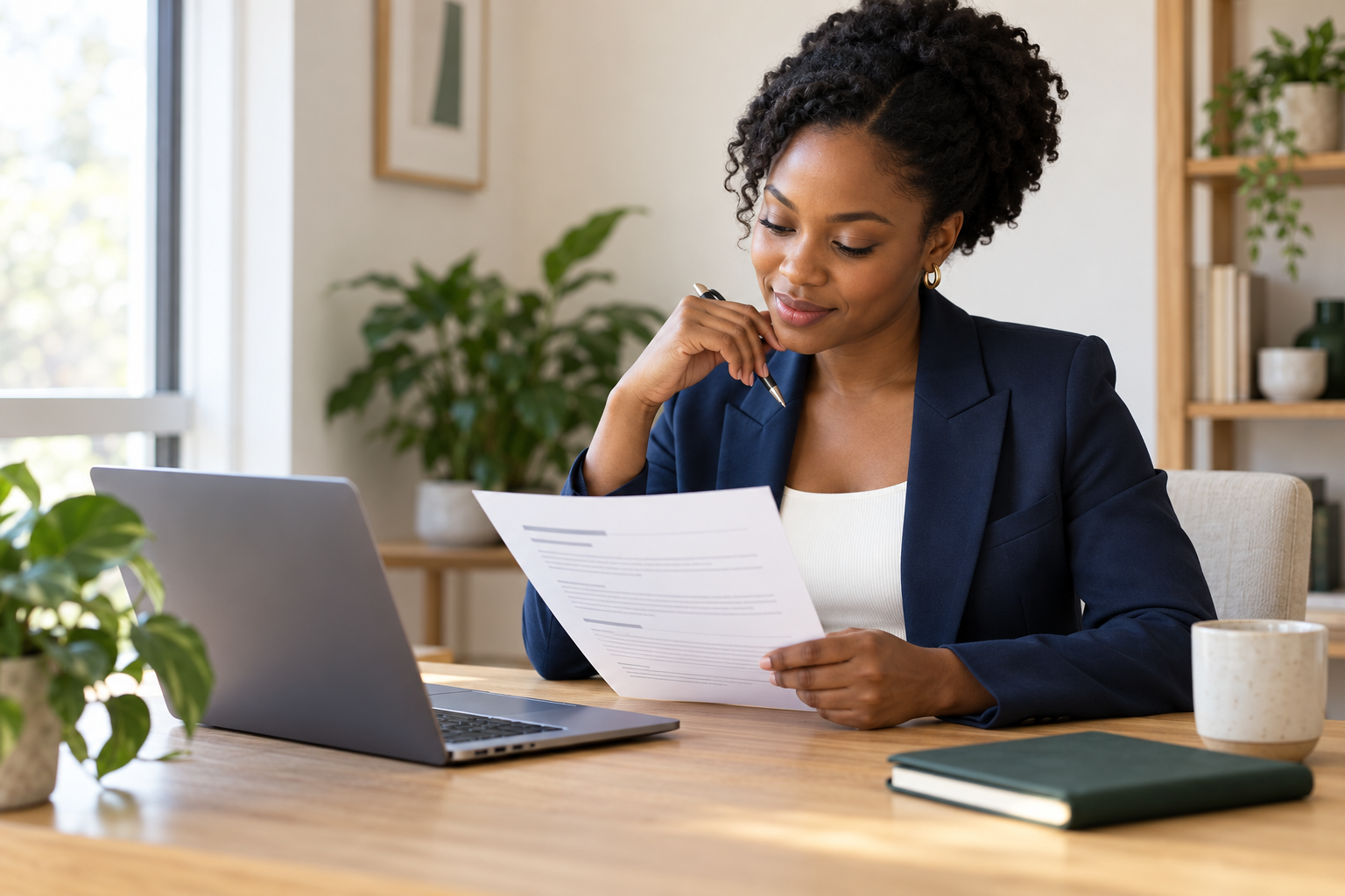 A professional reviewing a printed CV beside a laptop